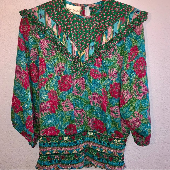 Susan Fries | Tops | Susan Fries Vintage Bold Turquoise Floral Ruffle ...